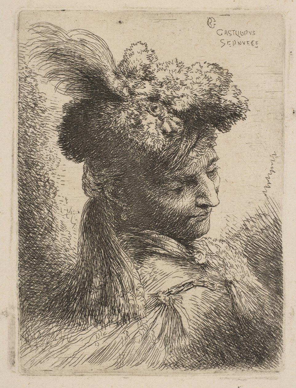 Jovem de frente para três quartos usando uma touca de pele com uma pluma, joia e ..., ca. 1645-50. de Giovanni Benedetto Castiglione