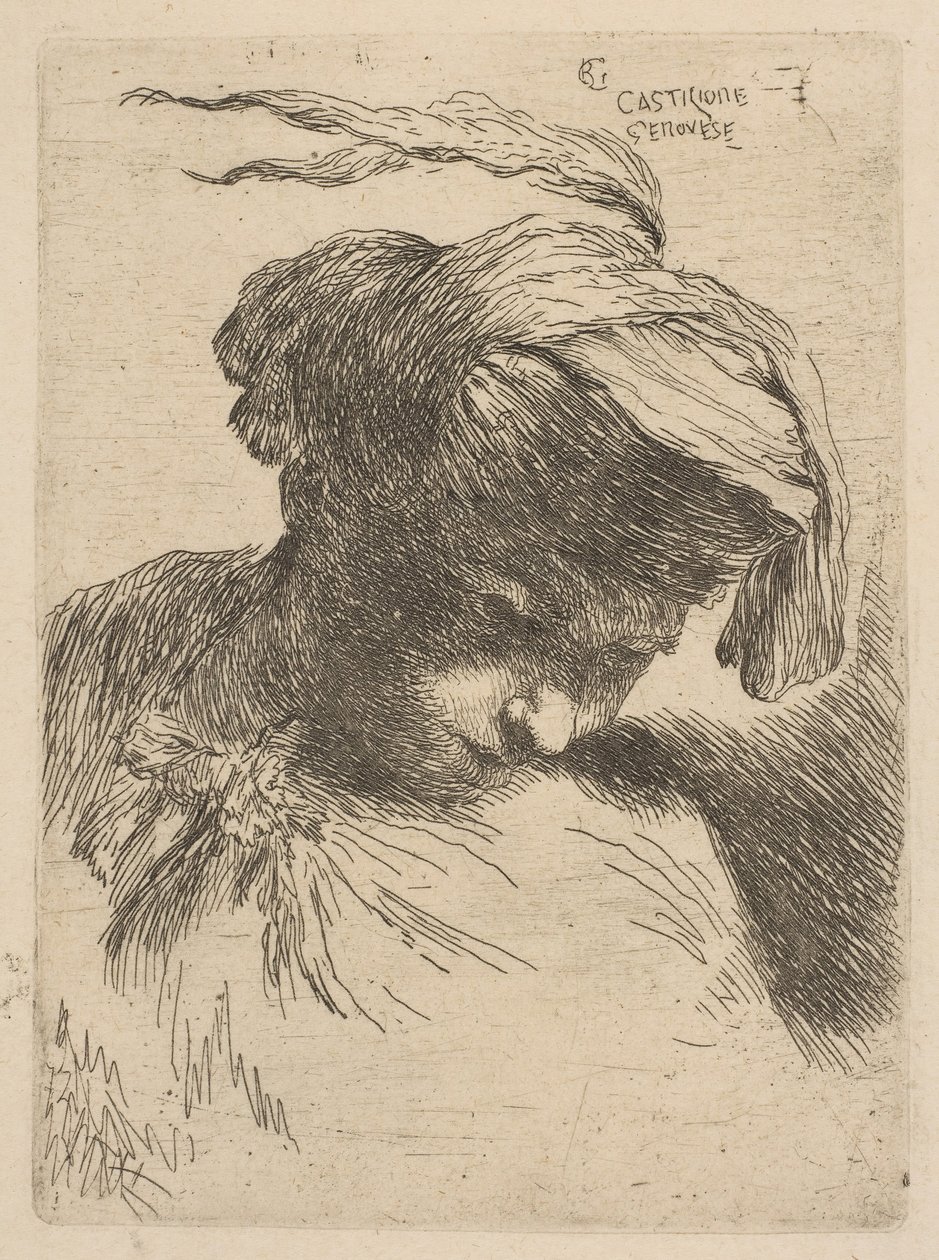 Jovem olhando de baixo para a direita, da série Small Heads in Oriental Headdr ..., ca. 1645-50. de Giovanni Benedetto Castiglione