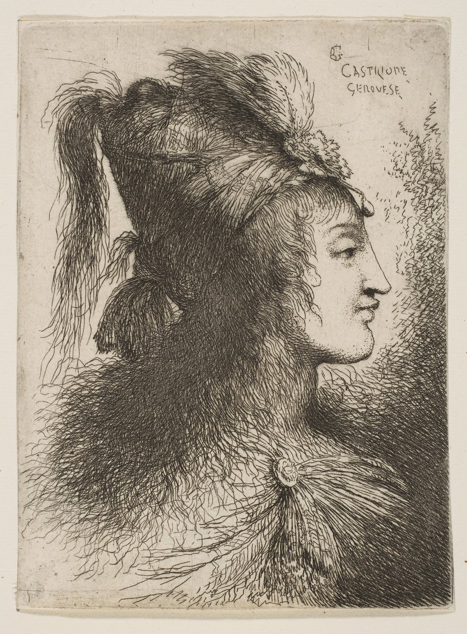 Jovem vestindo um turbante emplumado, virado para a direita, da série Small Heads ..., ca. 1645-1650. de Giovanni Benedetto Castiglione