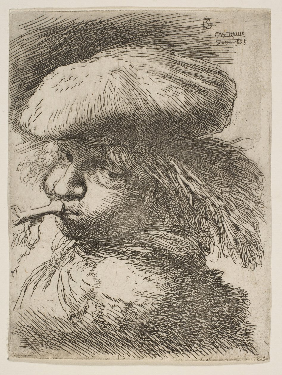 Jovem com uma trombeta voltada para a esquerda, da série Small Heads in Oriental ..., ca. 1645-1650. de Giovanni Benedetto Castiglione