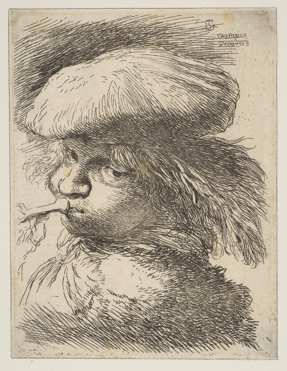 Jovem com uma trombeta voltada para a esquerda, da série Small Heads in Oriental ..., ca. 1645-1650. de Giovanni Benedetto Castiglione
