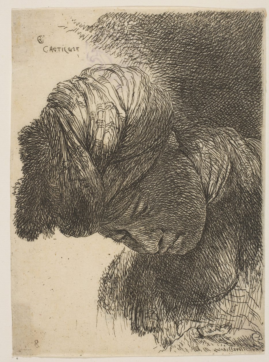 Jovem com a cabeça abaixada, usando um turbante, voltado para a esquerda, da série o ..., ca. 1645-1650. de Giovanni Benedetto Castiglione