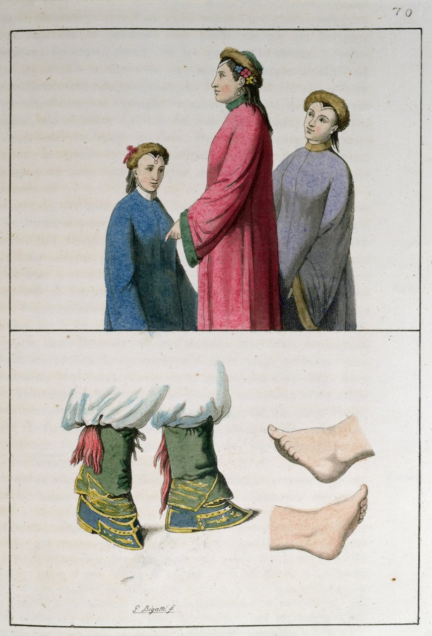 Os pés das mulheres chinesas, ilustração de &39;Le Costume Ancien et Moderne&39; de Jules Ferrario, publicada em Milão em 1819 de Giovanni Bigatti