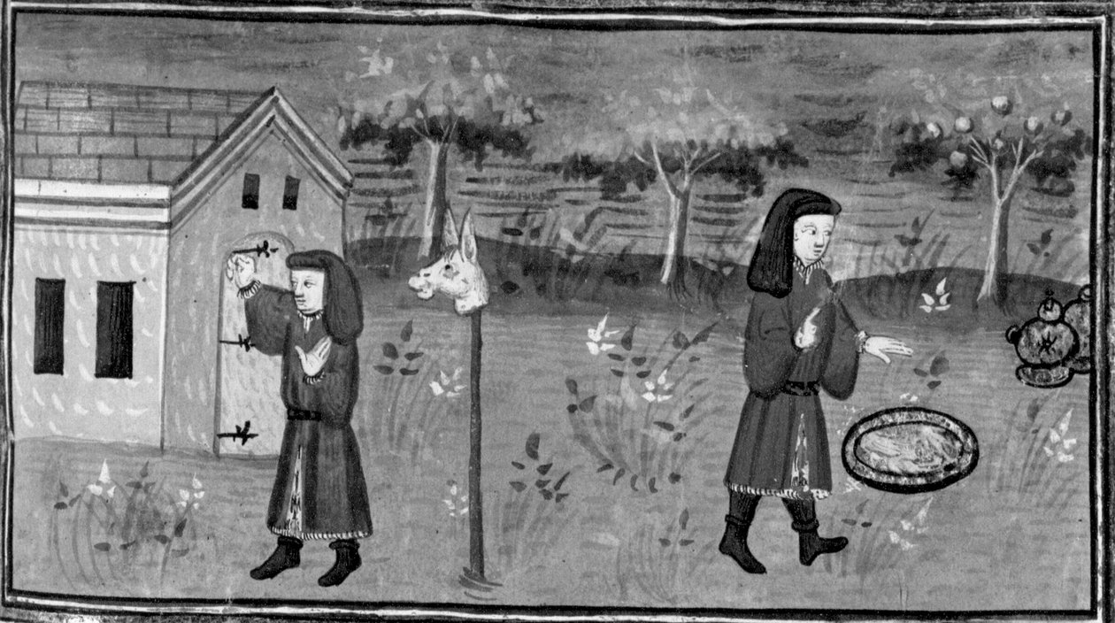 Decameron, Frédéric bate à porta de Madame Tessa; o homem encontra comida e vinho debaixo de um pessegueiro. Sétimo dia, conto 1 de Giovanni Boccaccio
