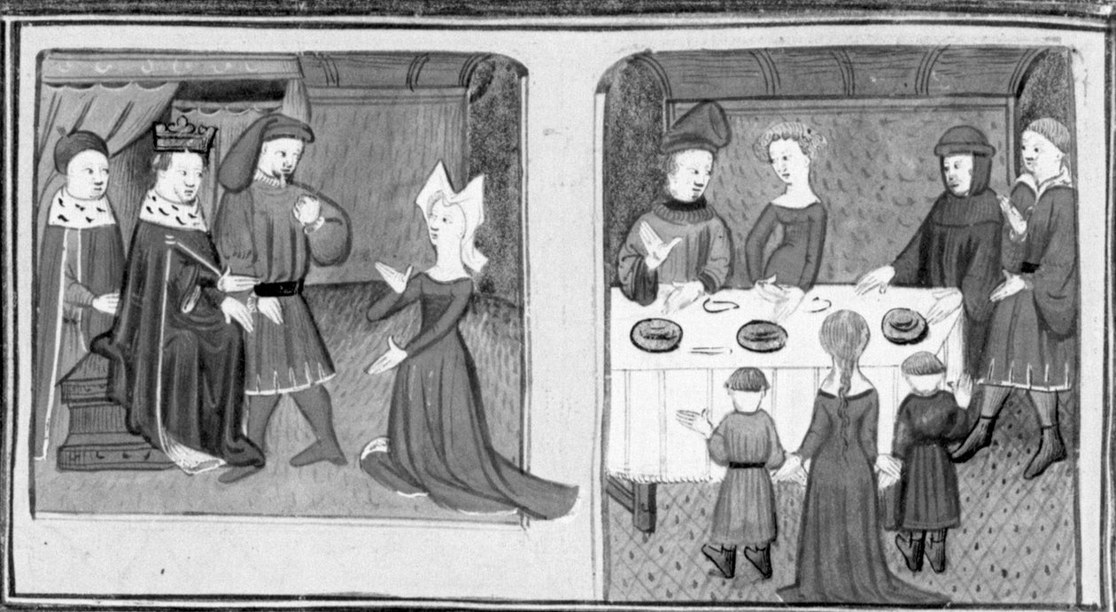 Decameron,Giletta pede ao Rei que a deixe casar com Beltramo di Rossiglione; Giletta apresenta os seus filhos a Beltramo. Terceiro dia, conto 9 de Giovanni Boccaccio