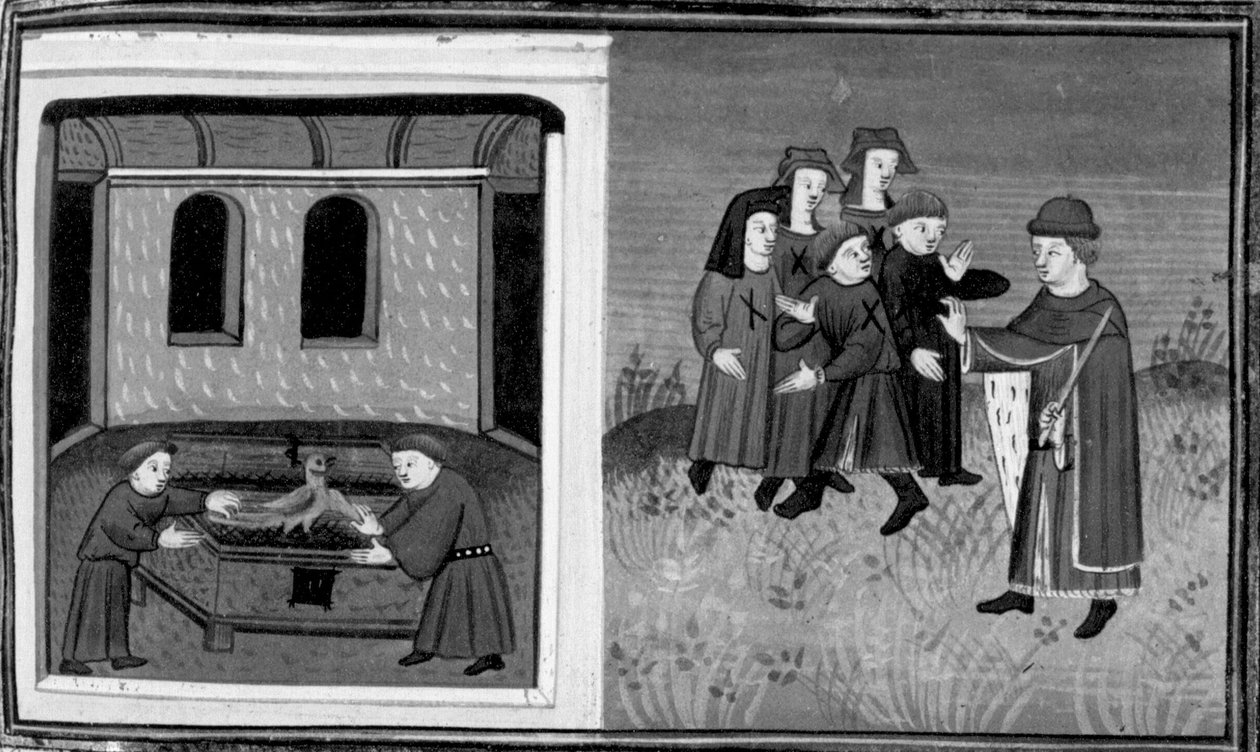 Decameron, Giovanni del Bragoniera e Biagio Pizzini roubam a relíquia ao irmão Ciboule; o frade marca as roupas dos aldeões com as brasas. Dia 6, notícia 10 de Giovanni Boccaccio