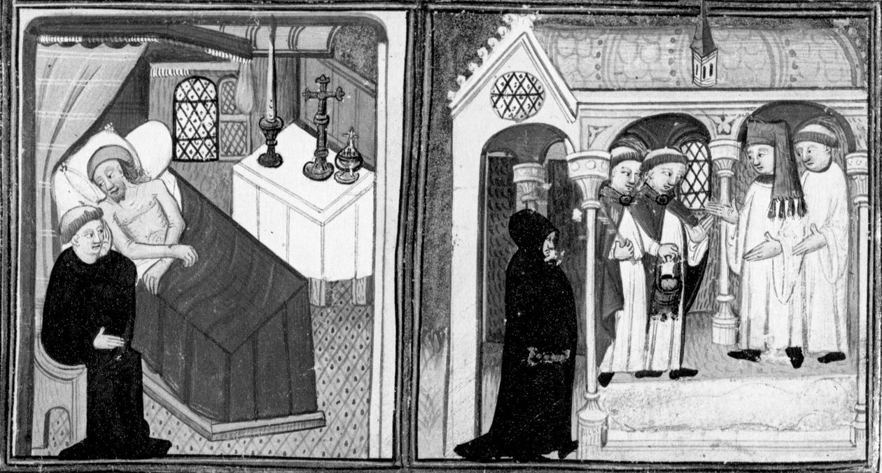 Decameron,A confissão do moribundo Ciappelletto; os fiéis são convidados à devoção. Primeiro dia, conto 1. de Giovanni Boccaccio