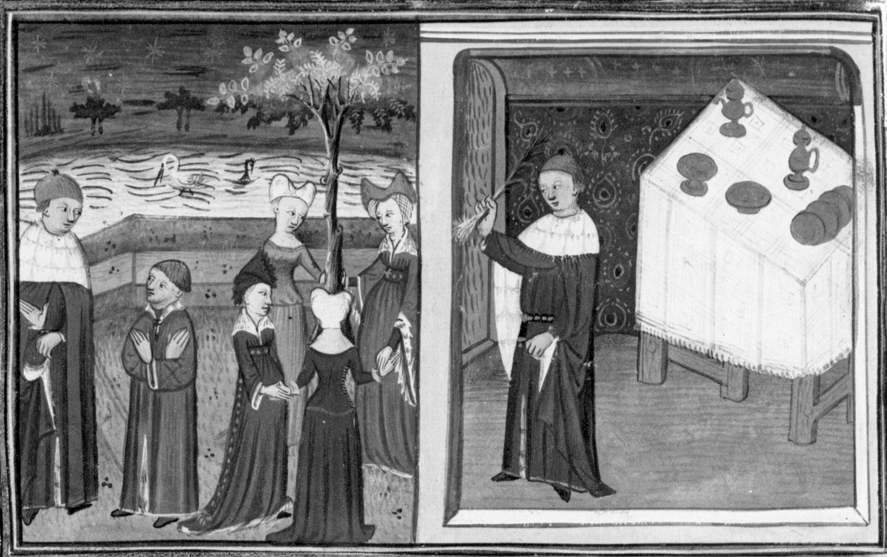 Decameron, Alberto de Bolonha vê Margherita a dançar; Alberto explica a natureza do seu amor usando o exemplo do alho francês. Primeiro dia, conto 10 de Giovanni Boccaccio