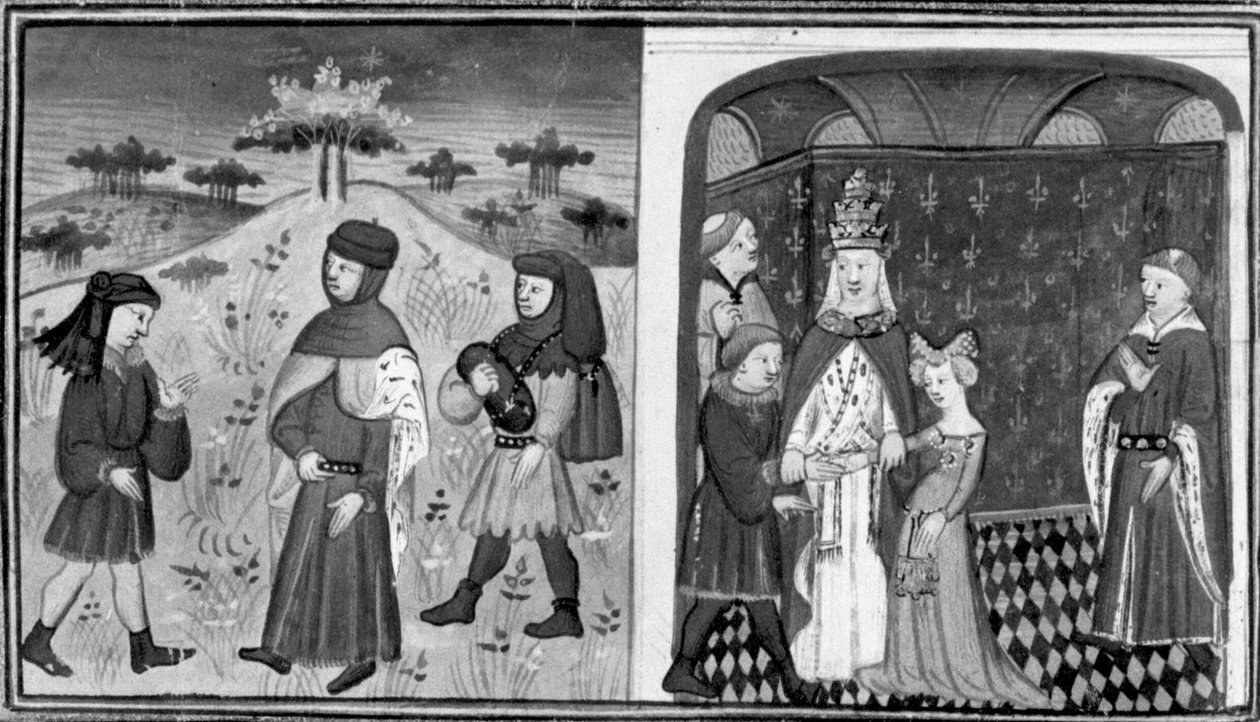 Decameron, Alexandre conhece um jovem abade; o Papa casa Alexandre com a princesa de Inglaterra. Segundo dia, conto 3 de Giovanni Boccaccio