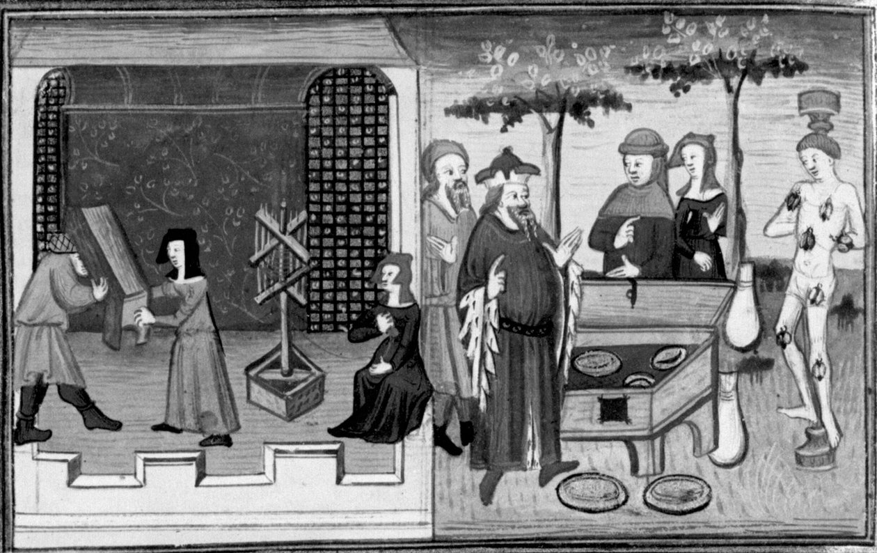 Decameron, Ambrogiuolo é levado para casa de Bernabò num caixote; Ambrogiuolo é castigado pelo seu engano. Segundo dia, conto 9 de Giovanni Boccaccio