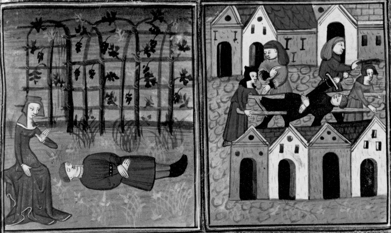 Decameron,
Andreuola encontra Gabriote morto; o podestà prende Andreuola. Quarto dia, notícia 6 de Giovanni Boccaccio