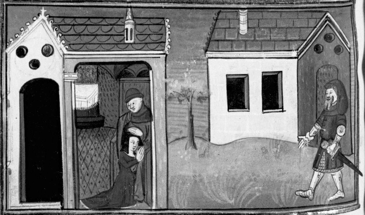 Decameron, Arimino ouve a confissão da mulher; o homem fica de guarda à porta da casa. Sétimo dia, conto 5 de Giovanni Boccaccio