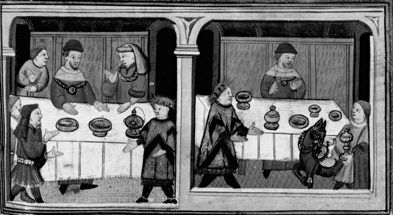 Decameron, Bergamin é convidado para a mesa de Cangrande della Scala; Bergamin recebe presentes sumptuosos. Primeiro dia, novo 7. de Giovanni Boccaccio