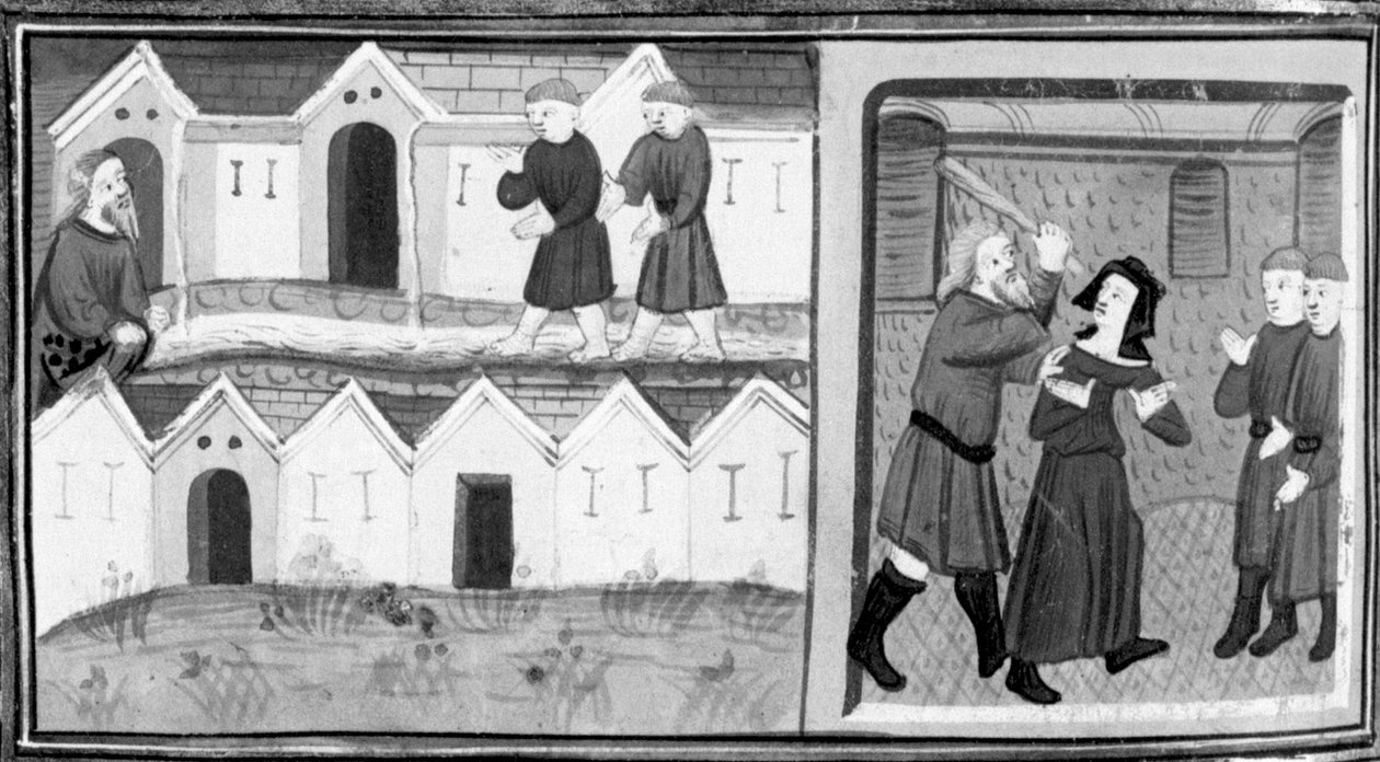 Decameron, Calandrino e os seus amigos procuram o heli-trope no Mugnon; Calandrino bate na mulher. Oitavo dia, conto 1 de Giovanni Boccaccio