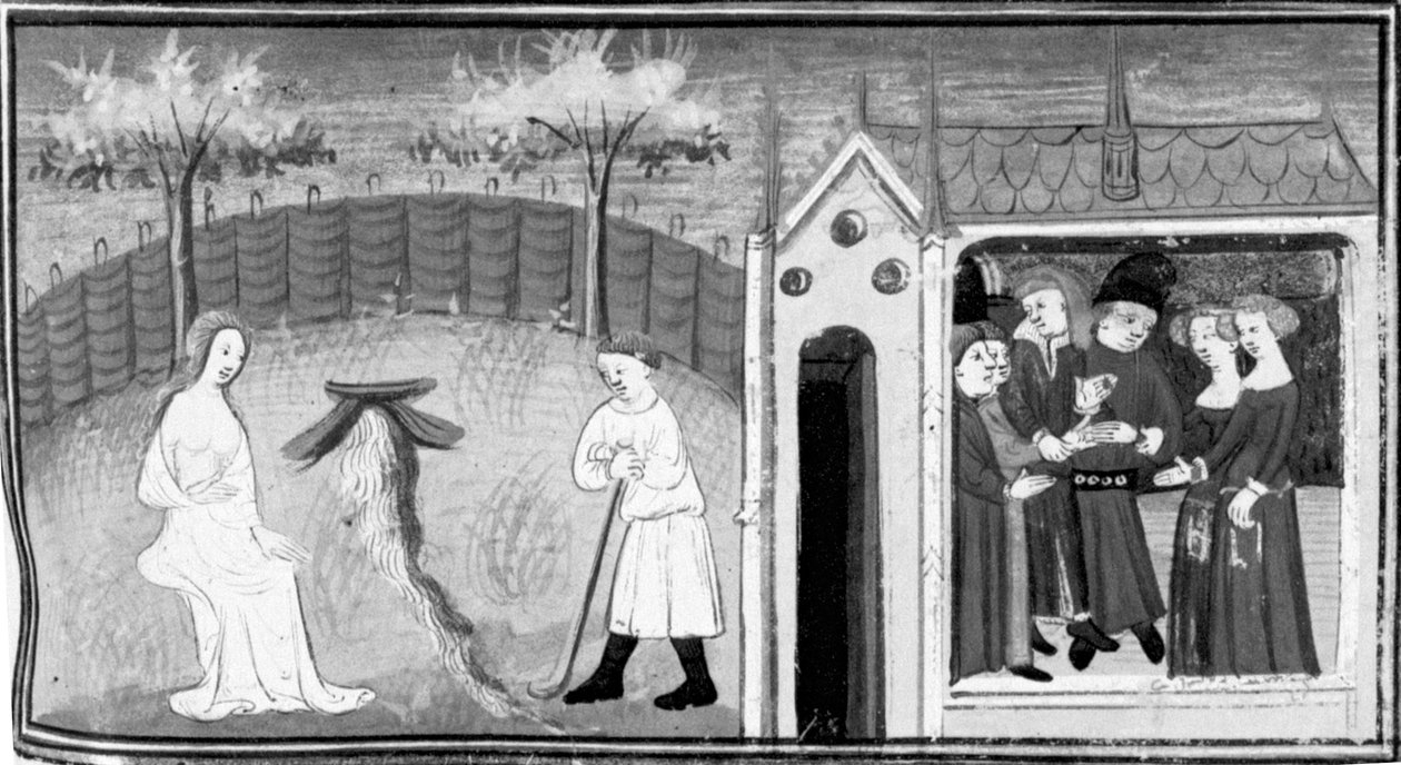 Decameron, Cimon observa Ifigénia; celebra-se um casamento duplo. Quinto dia, conto 1 de Giovanni Boccaccio
