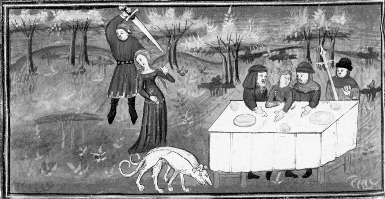 Decameron, Homens num banquete observam um cavaleiro a atacar uma jovem rapariga. Quinto dia, conto 8 de Giovanni Boccaccio