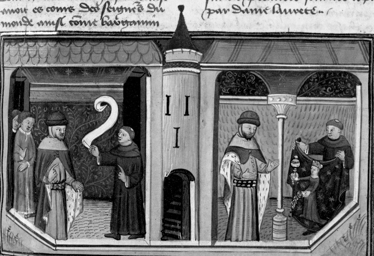 Decameron, Ermino Grimaldi interroga Guillaume Borsiere; Guillaume mostra-lhe a imagem de Courtesy. Primeiro dia, notícia 8. de Giovanni Boccaccio