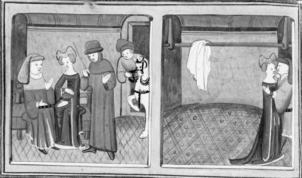 Decameron, Francesco Vergellesi permite que Zima fale com a sua mulher; Zima e a mulher de Francesco trocam um beijo. Terceiro dia, conto 5 de Giovanni Boccaccio