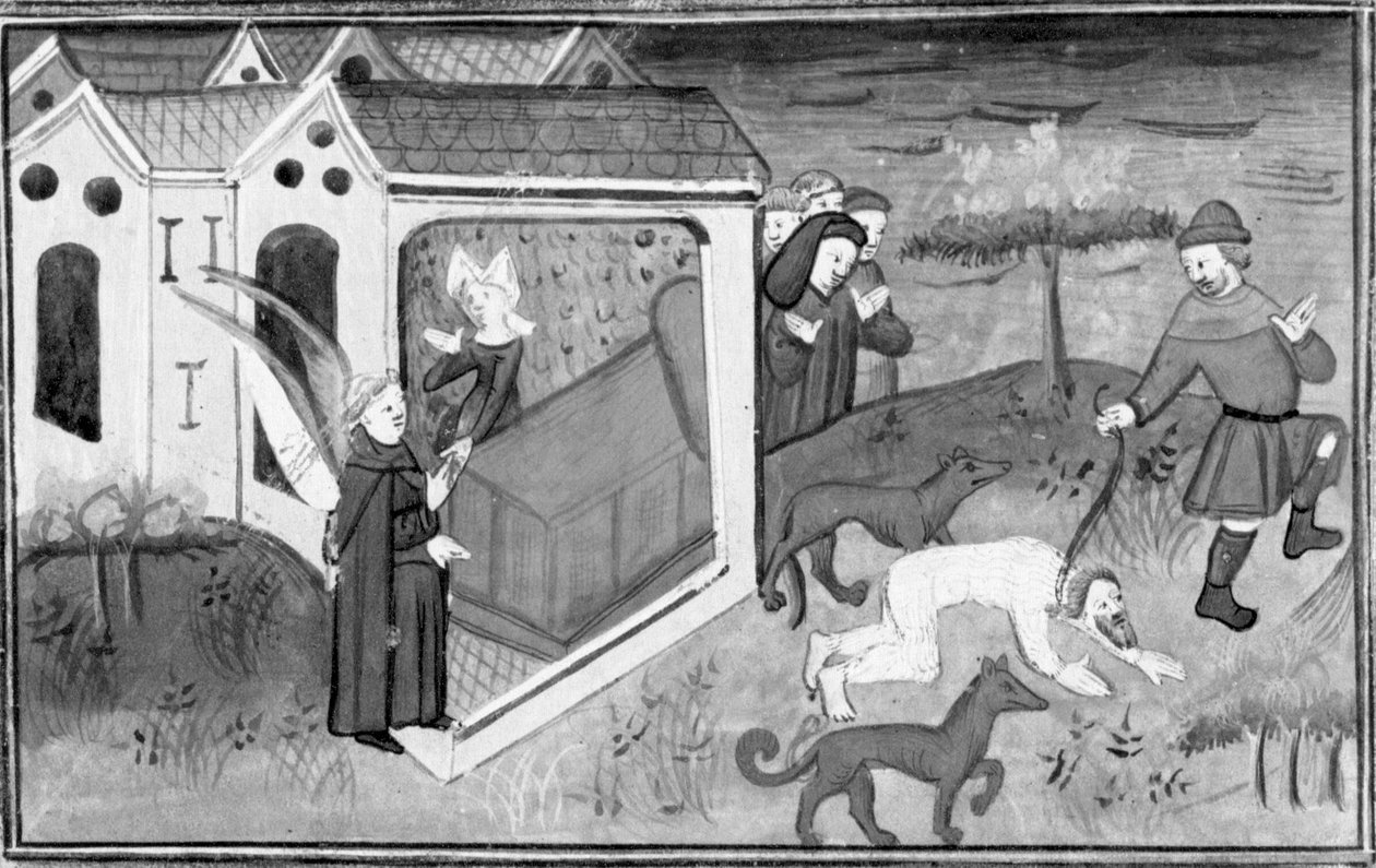 Decameron, o irmão Alberto visita Lisetta; Alberto, vestido como um homem selvagem, é levado para a rua. Quarto dia, conto 2 de Giovanni Boccaccio