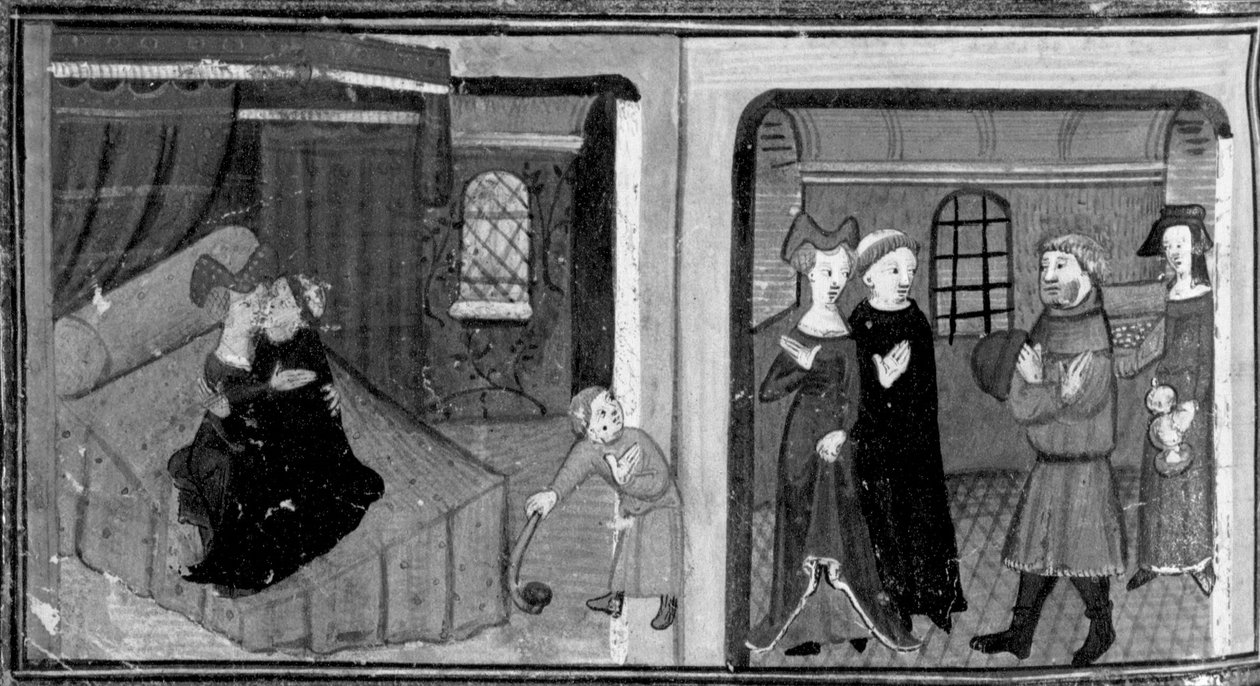 Decameron, o irmão Rinaldo dorme com a mãe do seu afilhado; o irmão é recompensado pelo pai da criança . Sétimo dia, conto 3 de Giovanni Boccaccio