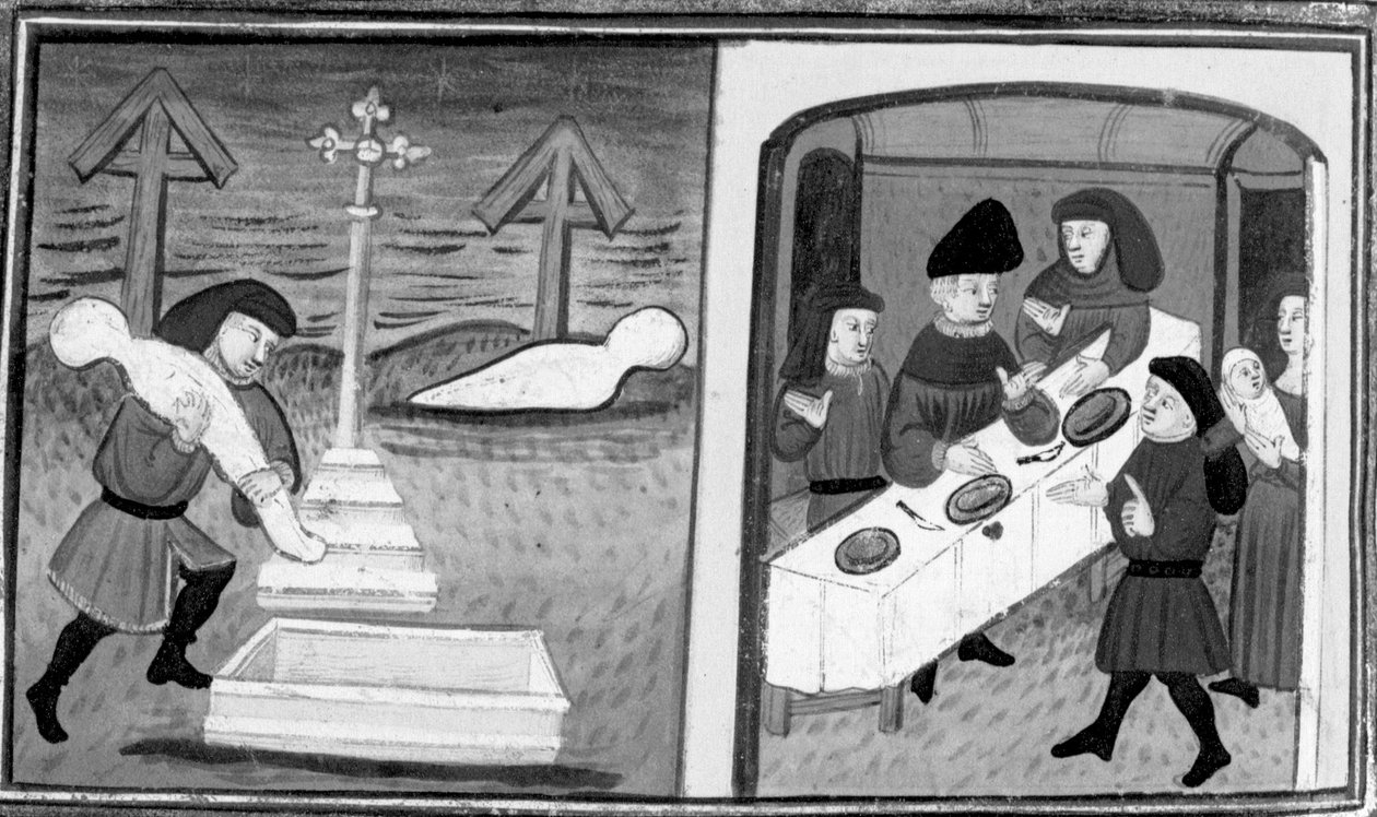 Decameron, Gentile Carisendi salva Catalina do túmulo; o homem apresenta a mulher e o seu filho aos convidados. Décimo dia, conto 4 de Giovanni Boccaccio