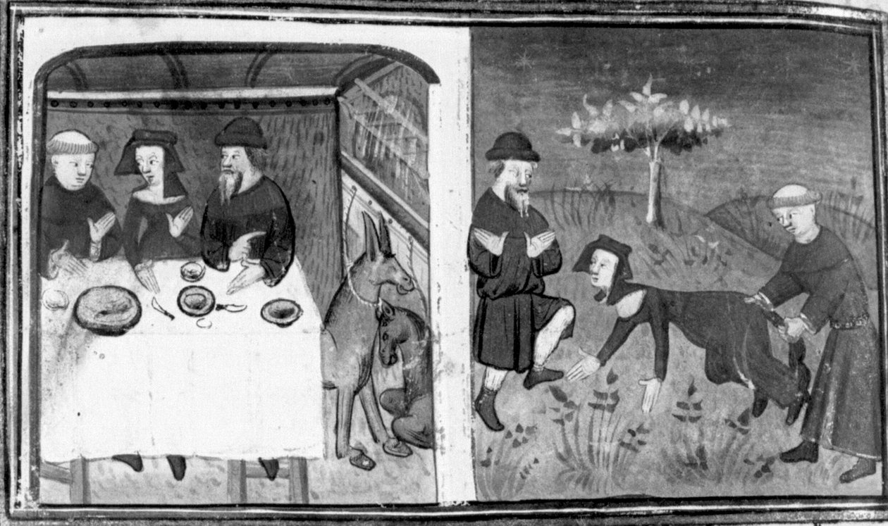 Decameron, Gianni di Barolo está sentado à mesa com Pietro da Tresanti e a sua mulher; Gianni tenta atar a cauda da mulher. Dia 9, conto 10 de Giovanni Boccaccio