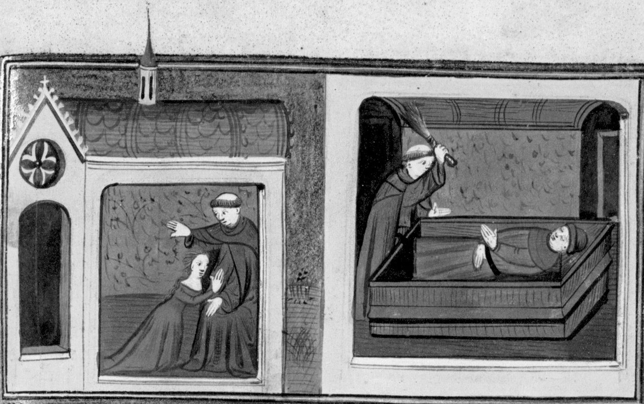 Decameron, a mulher de Ferondo confessa-se ao abade; o abade castiga Ferondo. Terceiro dia, conto 8 de Giovanni Boccaccio