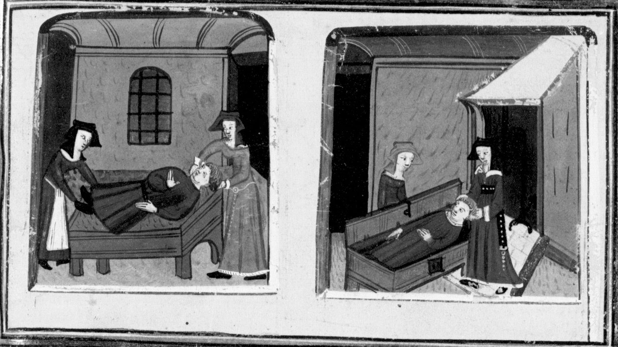 Decameron, a mulher de Mazzeo acredita que o seu amante está morto; a mulher esconde o corpo num baú. Quarto dia, conto 10 de Giovanni Boccaccio