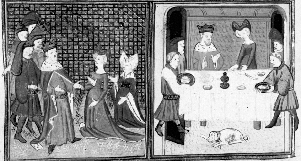 Decameron, A Marquesa de Montferrat recebe Filipe, o Zarolho; os nobres sentam-se para um banquete. Primeiro dia, novo 5. de Giovanni Boccaccio