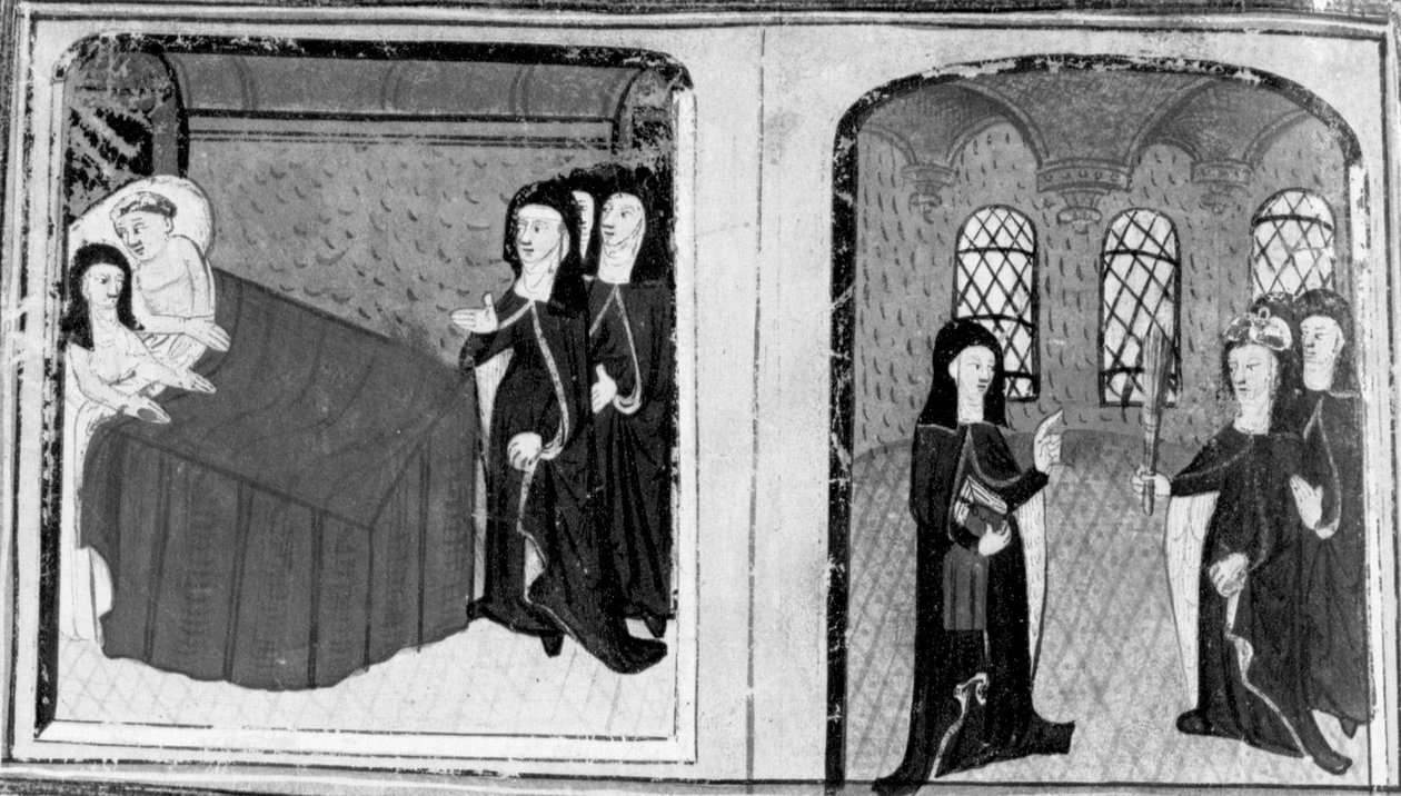 Decameron, A freira Isabella é apanhada na cama com um amante; a abadessa repreende Isabella. Nono dia, conto 2 de Giovanni Boccaccio
