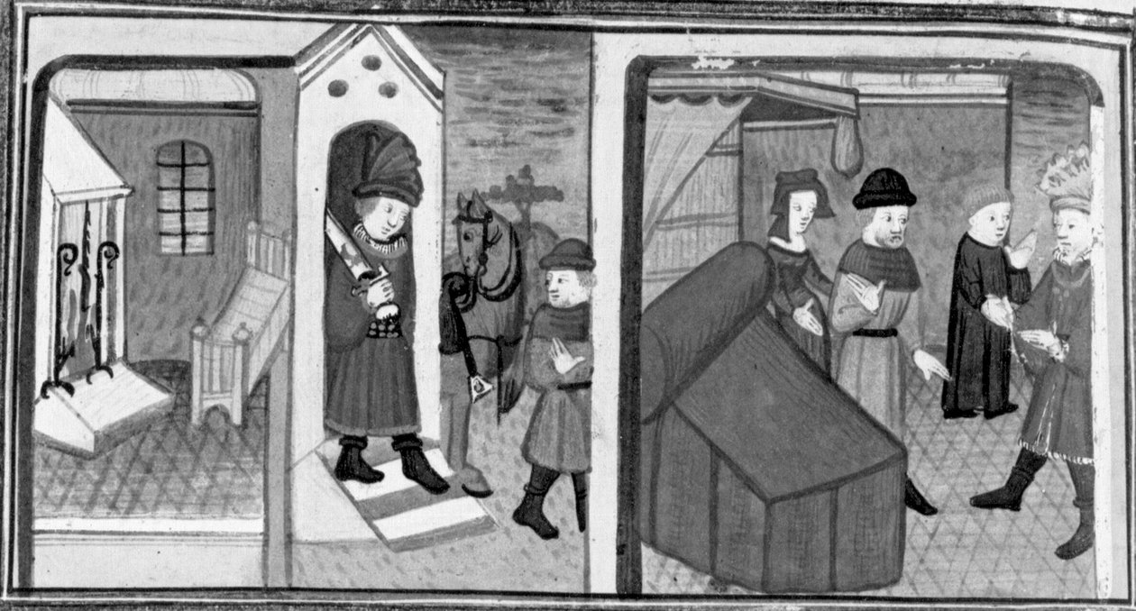 Decameron, O cavaleiro Lambertuccio foge do quarto de Isabella; o marido da mulher encontra o amante no quarto . Sétimo dia, conto 6 de Giovanni Boccaccio