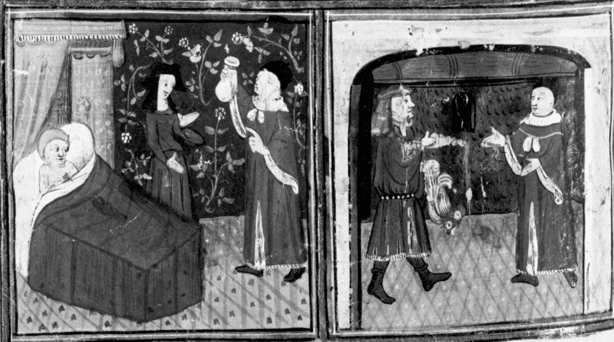 Decameron, Simone o médico dá a infusão a Calandrino; Calandrino paga ao médico. Nono dia, conto 3 de Giovanni Boccaccio
