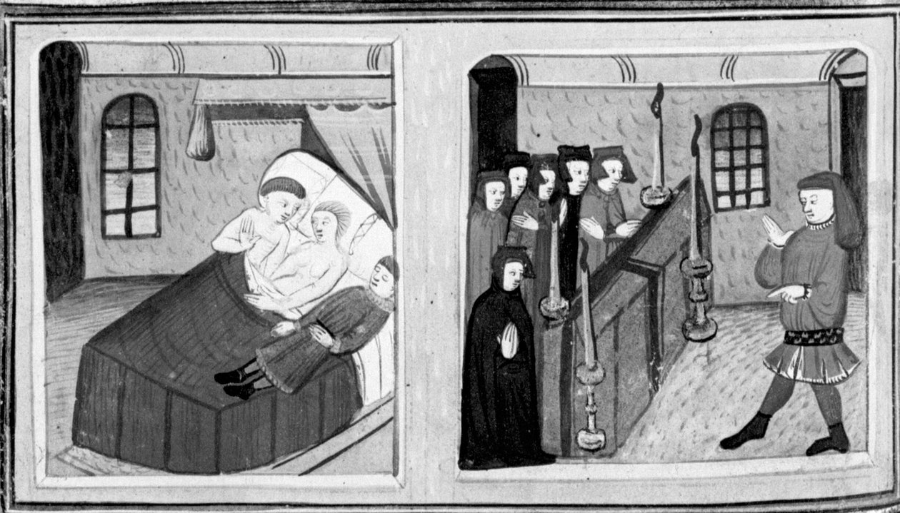 Decameron, Lorenzo é morto pelos irmãos de Lisabetta; Lisabetta esconde a cabeça do seu amado num vaso. Quarto dia, conto 8 de Giovanni Boccaccio