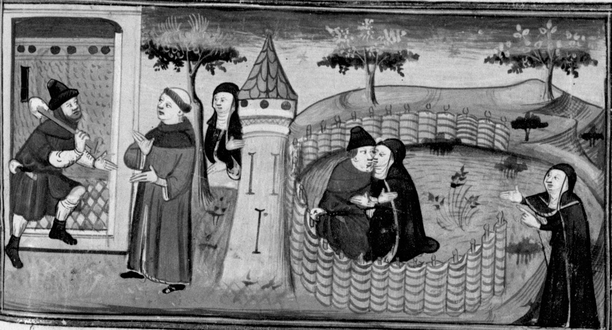 Decameron, Masetto pede ao guardião autorização para entrar no convento; Masetto beija uma freira. Terceiro dia, conto 1 de Giovanni Boccaccio