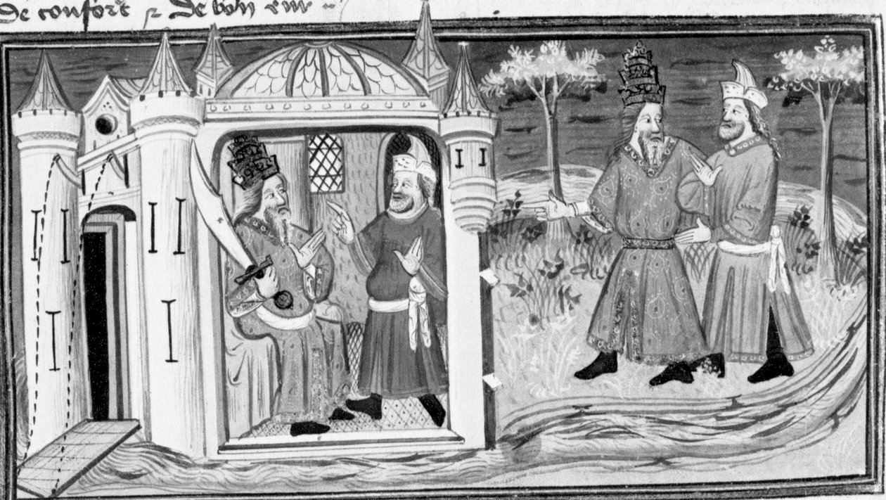 Decameron, Melquisedeque conta a Saladino a parábola dos três anéis; os dois homens tornam-se amigos. Primeiro dia, conto 3. de Giovanni Boccaccio