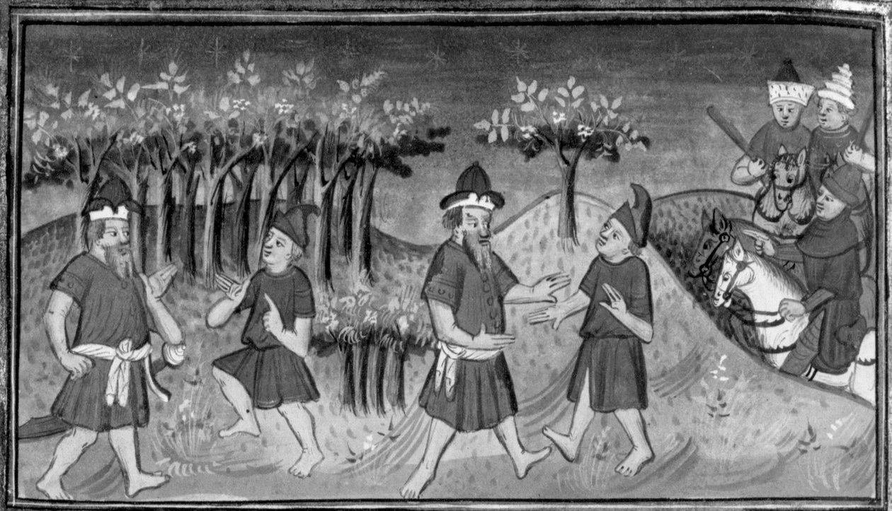 Decameron, Mitridanes encontra Natan na floresta; os dois homens reconciliam-se. Décimo dia, conto 1 de Giovanni Boccaccio