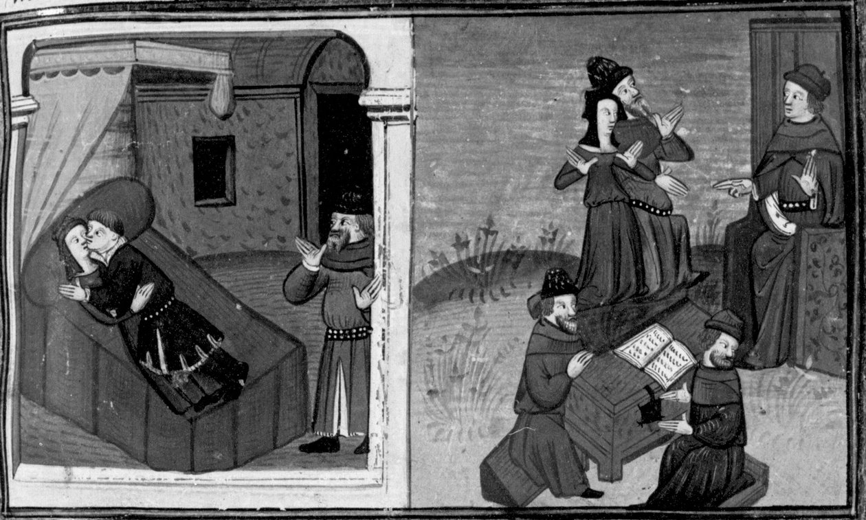 Decameron, Philippa é descoberta pelo marido durante o adultério; a mulher defende-se perante o juiz . Sexto dia, conto 7 de Giovanni Boccaccio