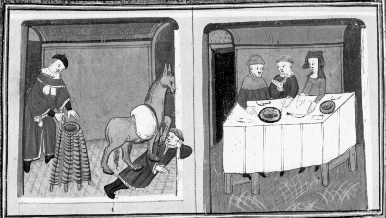 Decameron, Pedro de Vinciolo descobre o amante no estábulo; Pedro de Vinciolo está sentado à mesa com a sua mulher e o amante dela. Quinto dia, conto 10 de Giovanni Boccaccio