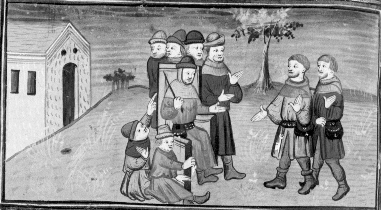 Decameron, Ribi e Maso del Saggio distraem o juiz Nicola enquanto Matteuzzo lhe puxa as calças. Dia oito, notícia 5 de Giovanni Boccaccio