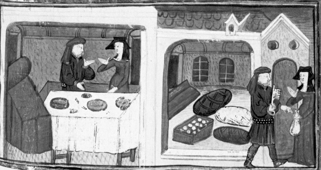 Decameron, Salabaetto está sentado à mesa com Iancofiore; Salabaetto manda entregar-lhe a chave do armazém. Dia oito, notícia 10 de Giovanni Boccaccio
