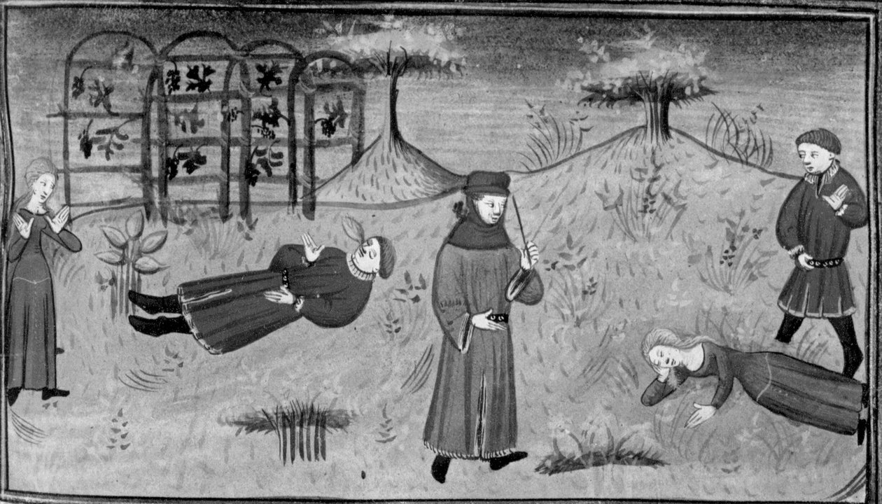 Decameron, Simona chora a morte de Pasquino; Simona cai morta perante o juiz. Quarto dia, conto 7 de Giovanni Boccaccio