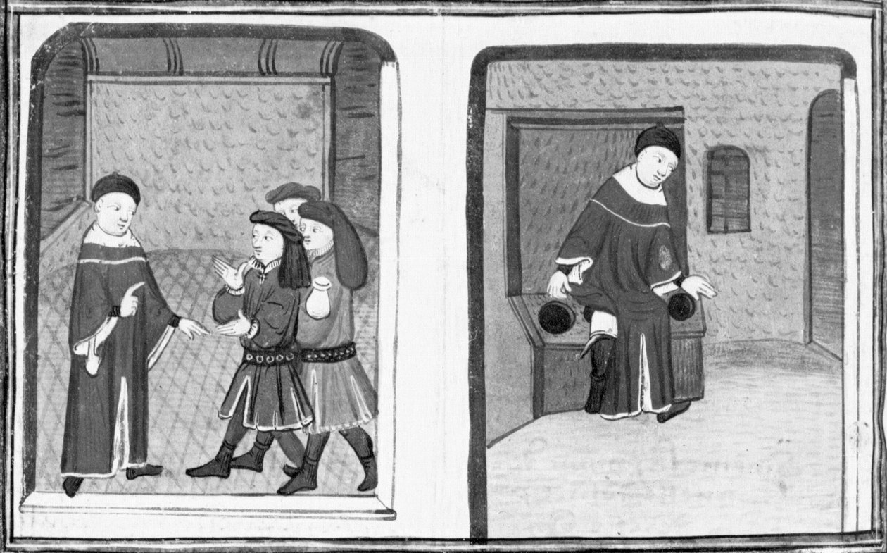 Decameron, Simone da Villa fala com Bruno e Buffalmacco; o mestre cai numa latrina. Dia oito, notícia 9 de Giovanni Boccaccio