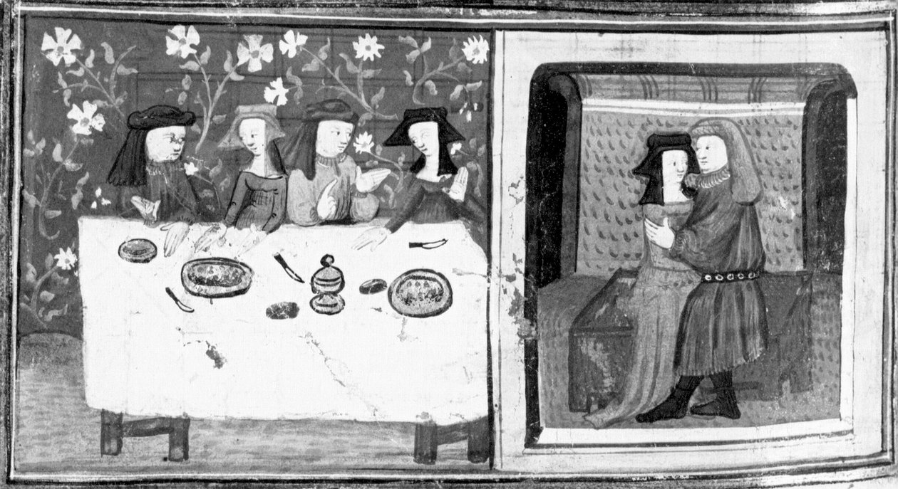 Decameron, Spinelloccio e Zeppa sentam-se à mesa com as suas mulheres; Zeppa beija a mulher de Spinelloccio. Dia oito, conto 8 de Giovanni Boccaccio