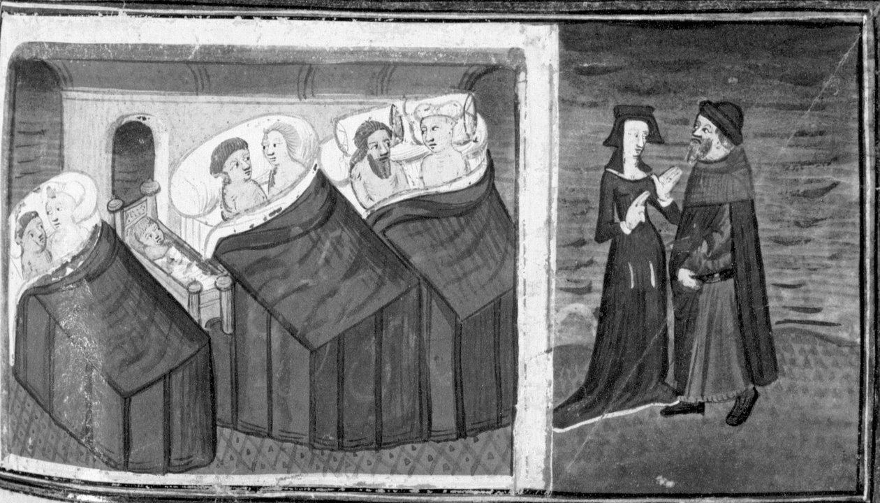 Decameron, Três casais dormem num quarto; o estalajadeiro fala com a sua mulher. Nono dia, conto 6 de Giovanni Boccaccio
