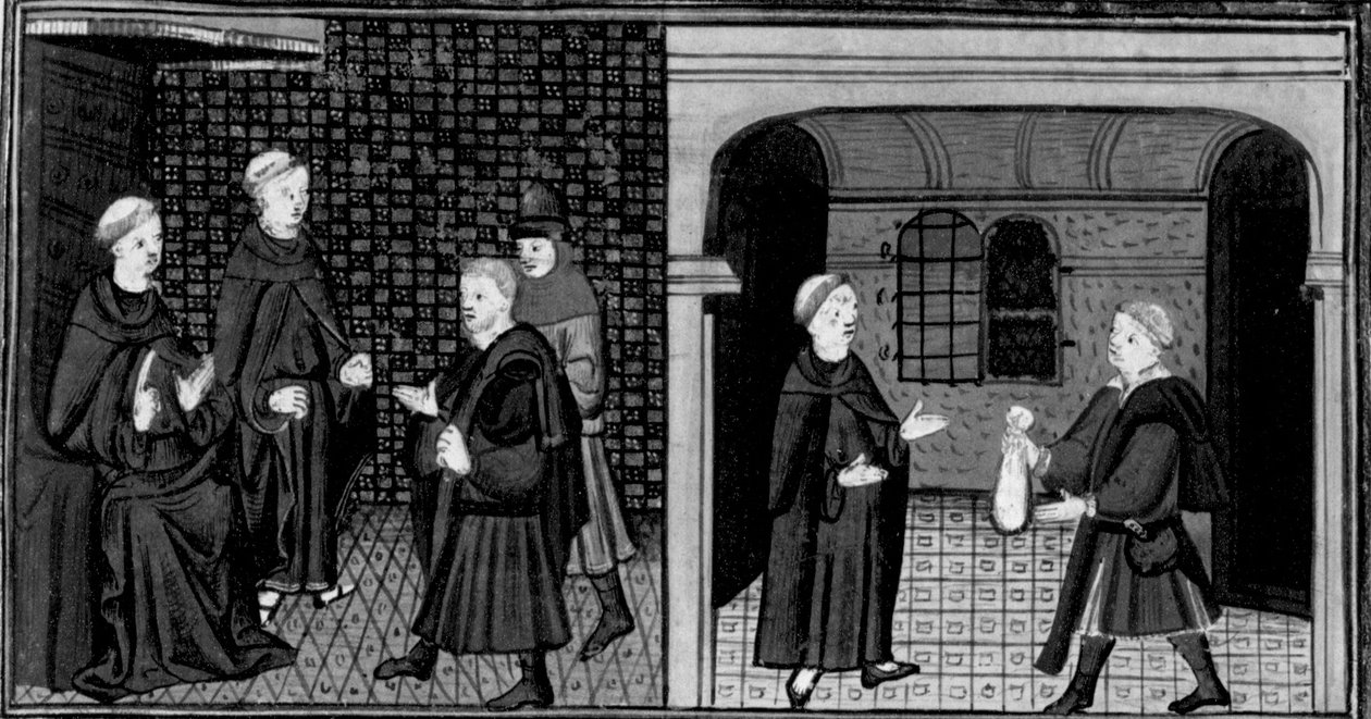 Decameron, Um inquisidor interroga um homem; o homem dá dinheiro ao inquisidor. Primeiro dia, notícia 6. de Giovanni Boccaccio