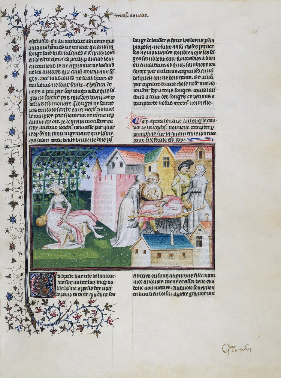 Gabriotto morre nos braços de Andreuola, Andreuola traz o seu corpo para casa e é preso, Andreuola é proclamado inocente e torna-se freira, miniatura de O Decameron, quarto dia, sexto conto, de Giovanni Boccaccio (1313-1375) de Giovanni Boccaccio
