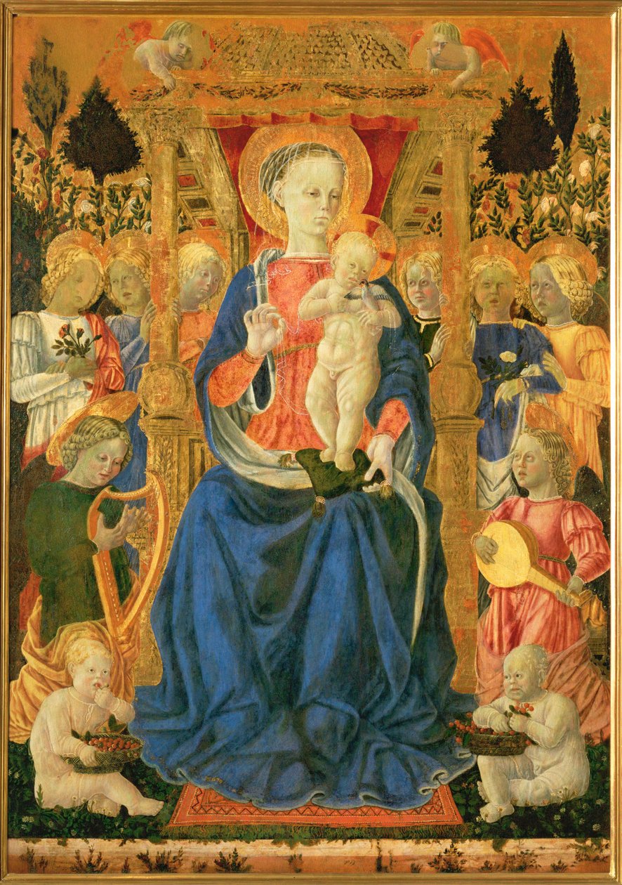 Virgem e menino no trono, com anjos e putti (pintura sobre madeira) de Giovanni Boccati or Boccatto
