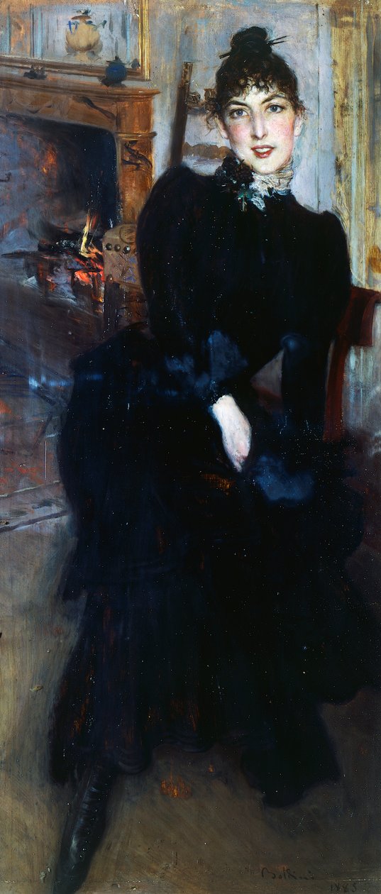 Alaide Banti na lareira (óleo no painel) de Giovanni Boldini