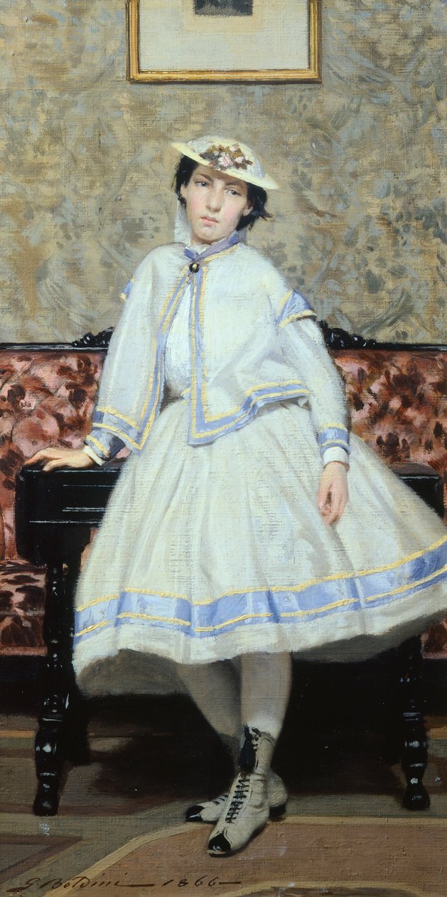 Alaide Banti em branco por Giovanni Boldini (1842-1931), óleo sobre tela, 42x23 cm de Giovanni Boldini