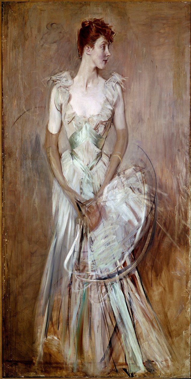 Lindo período: "Retrato da Condessa de Leusse nee Berthier" Mulher em elegante vestido branco de noite. Pintura de Giovanni Boldini (1842-1931) Sol. 200x105 cm Pistoia, Coleção Boldini de Giovanni Boldini